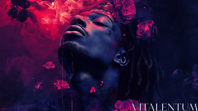 Neon-lit portrait merges cosmic shadows with burning roses.