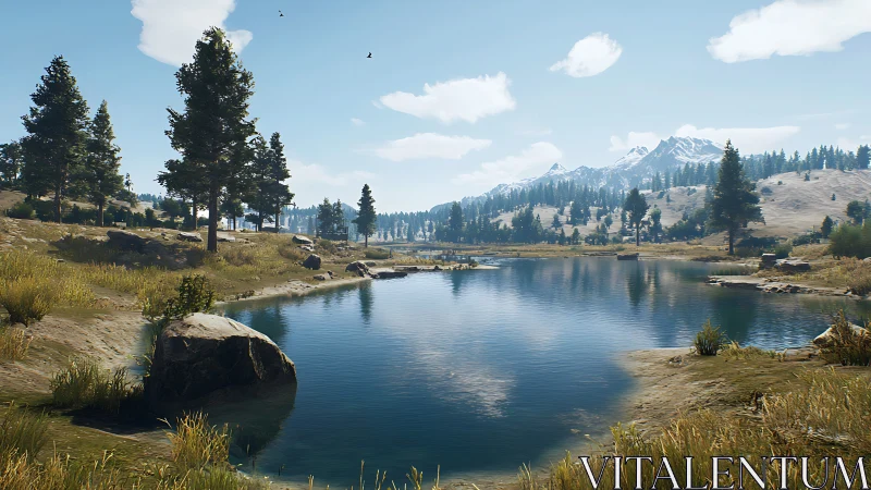 Serene alpine lake reflecting pines and distant snowy peaks.