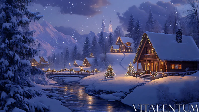 Snow-covered mountain village shows illuminated wooden cabins