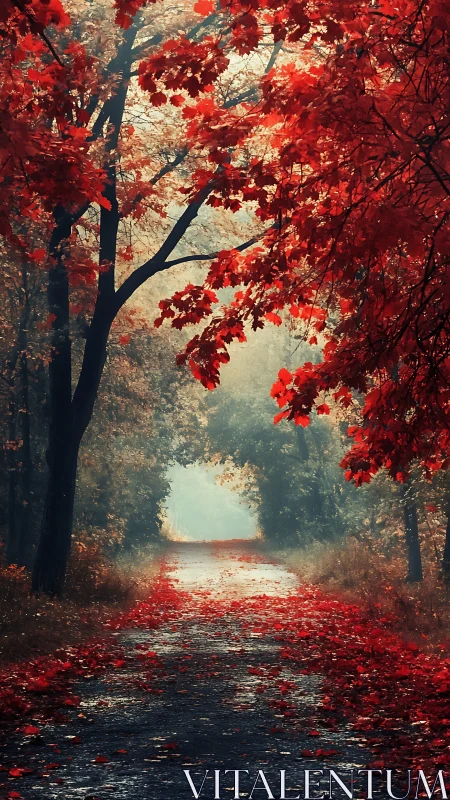 Vermillion Canopy Perspective: Autumn Corridor Through Deciduous Trees.