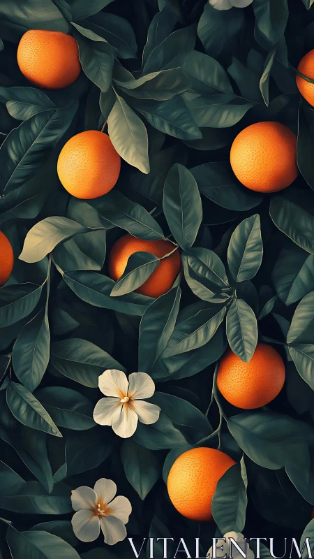 Citrus branch close-up with ripe oranges and white blossoms
