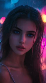 Neon rain muse with electric blue eyes in city twilight.