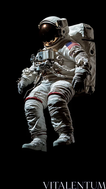 NASA astronaut in white EVA suit floating in deep space.