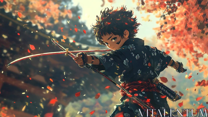 Young swordsman in kimono practicing with katana in autumn garden.