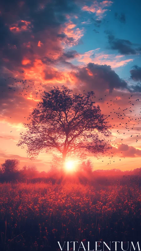 Solitary tree in vivid sunset field with distant birds.