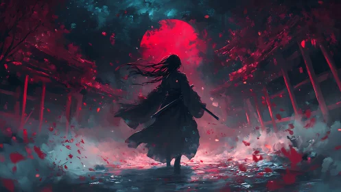 Silhouetted swordsman stands beneath a red moon in mist