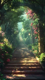 Stone garden stairway under foliage arch with dappled light.