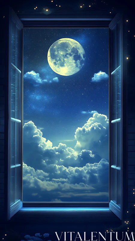 Moonlit cloudscape framed by open window at night.