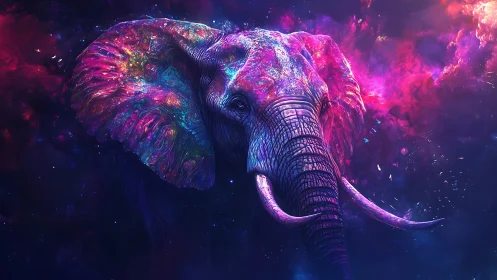 Nebula crowned elephant strides through prismatic cosmic tides