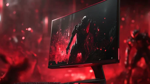 Gaming monitor glows with red sci‑fi battle scene displayed.