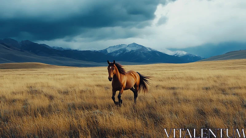 Wild horse runs across golden plain beneath storm clouds.