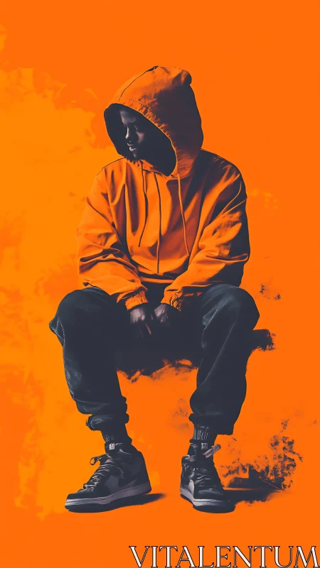 Hooded streetwear figure glows against vivid orange field.