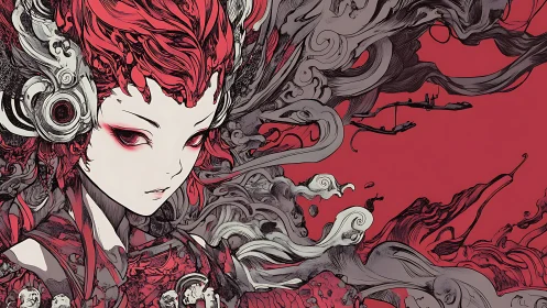 Red haired anime figure amid swirling abstract forms.