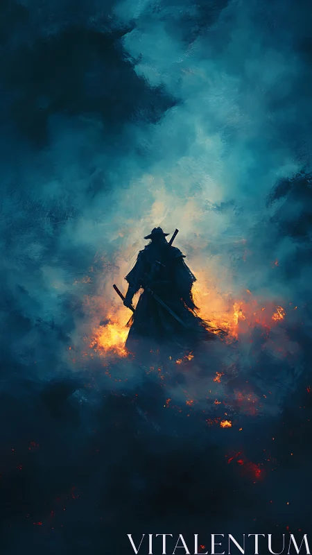 Lone swordsman silhouette emerging through cinematic blue fire.