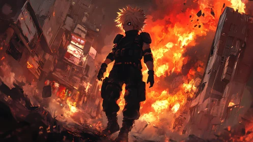 Blond warrior walks through burning cyberpunk cityscape.
