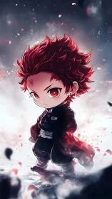Chibi red haired warrior in dark coat under petals.