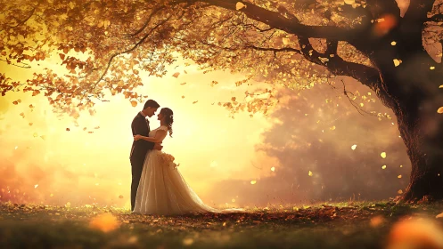 Couple standing beneath tree with falling autumn leaves.