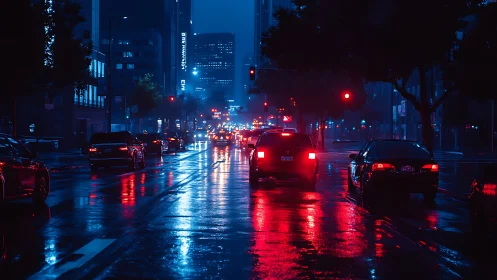 Rainy night city traffic under neon red and blue lights.