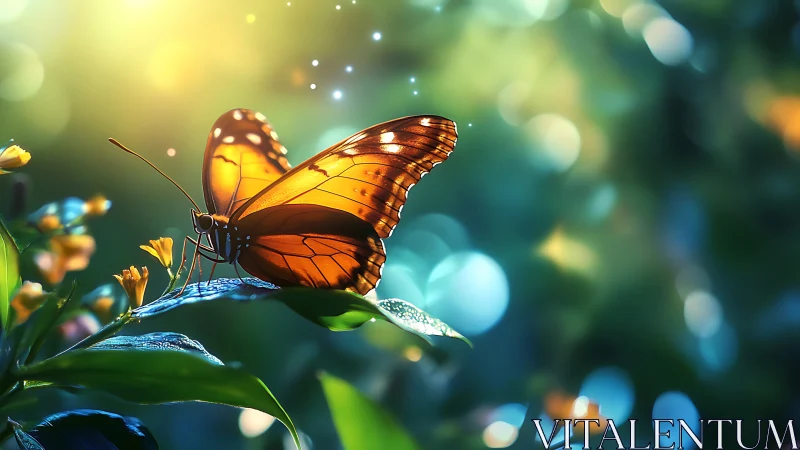 Golden butterfly rests on dewy leaves in glowing forest light