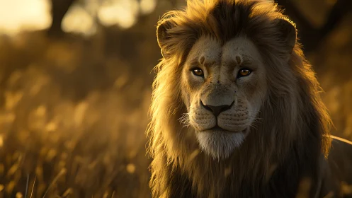 Golden-hour lion gazes over the savanna in quiet majesty