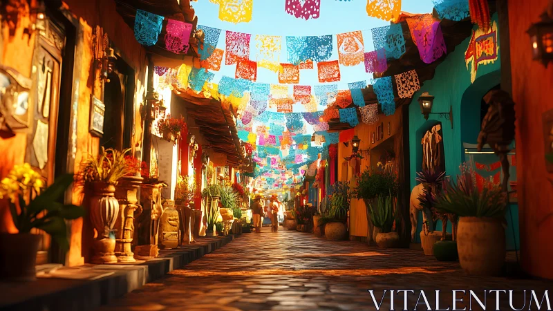 Digital painting of festive sunlit alley with papel picado banners.