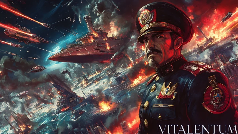 Admiral overseeing orbital naval engagement amid inferno skies.