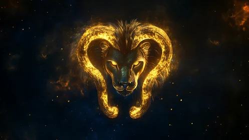 Glowing cosmic lion with fiery curved horns in space.