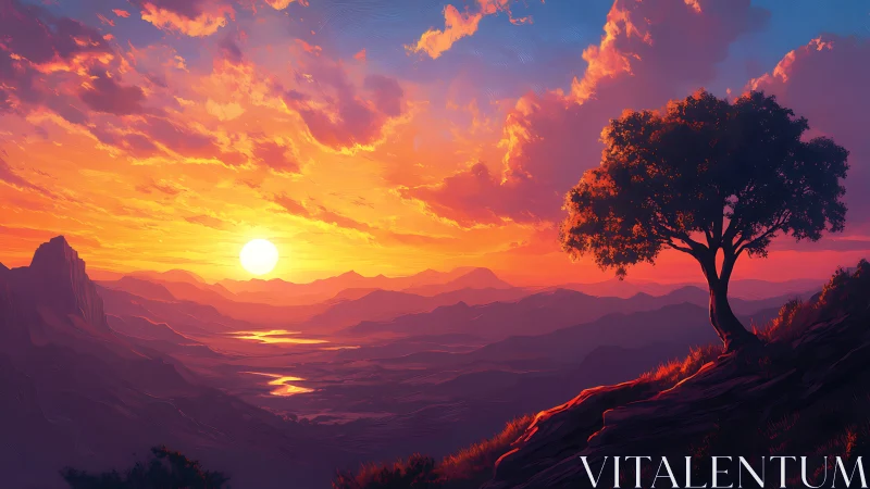 Solitary tree watches a glowing sunset over painted valleys