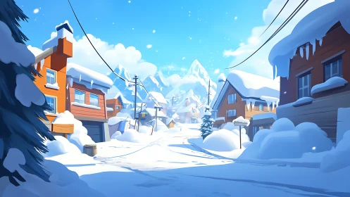 Snow-covered village street under clear blue sky.