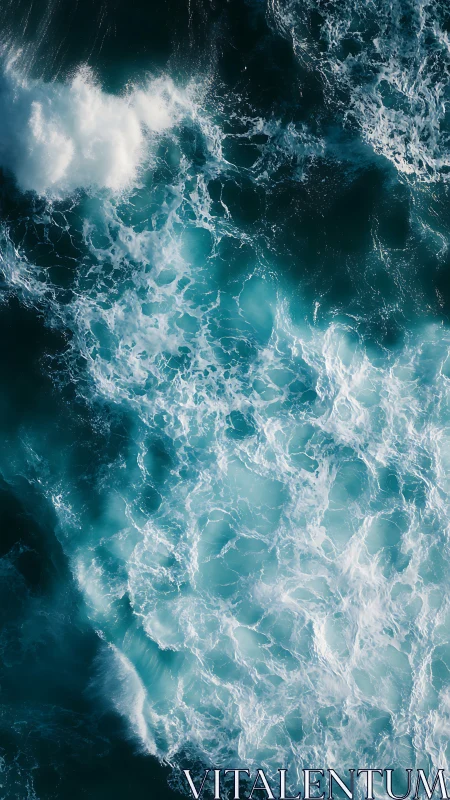 Aerial turquoise surf crashing over deep ocean water.