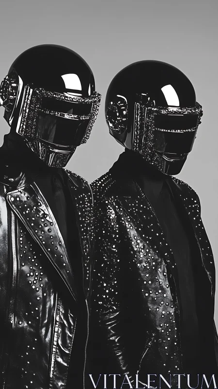 Two helmeted figures in studded black leather jackets.