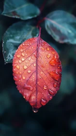 Macro study of rain-beaded red leaf with shallow depth-of-field.