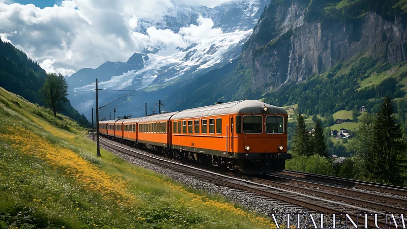 Orange electric passenger train traverses an alpine valley
