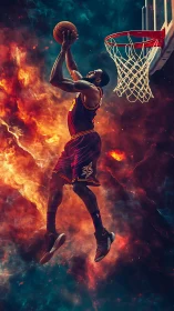 Soaring basketball hero leaping through blazing colors.