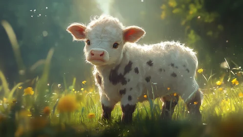 Spotted calf standing in a sunlit meadow with flowers.