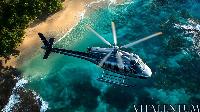 Silver coast-hopper skimming teal surf and quiet palm shore.