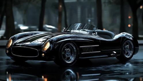Sleek black retro roadster on wet city street at night.