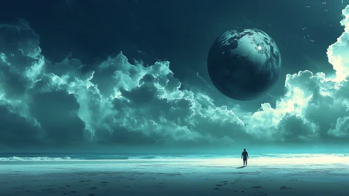 Solitary figures on shore beneath suspended planetary sphere.