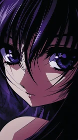 Moody close up of dark haired anime girl at night.