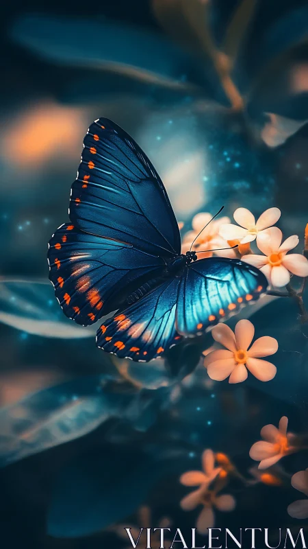 Blue butterfly resting on glowing orange rimmed wings.