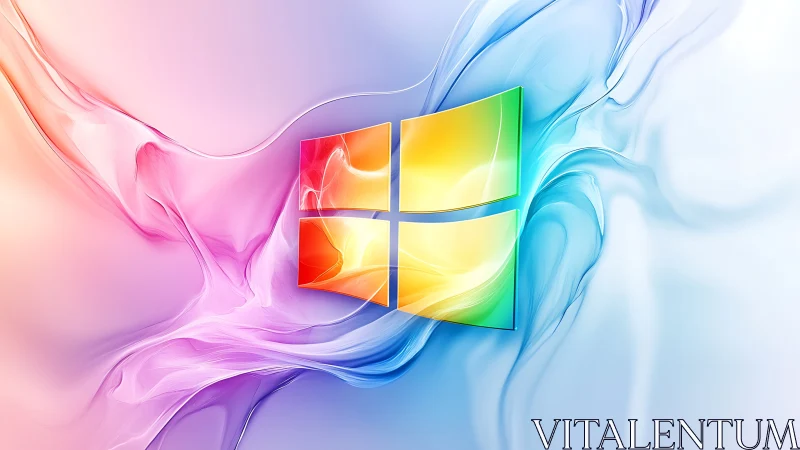 Windows-style glass logo floats amid fluid gradient light