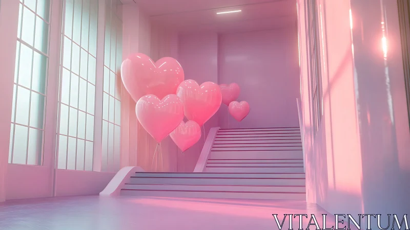 Pink interior corridor with glowing heart-shaped objects and staircase