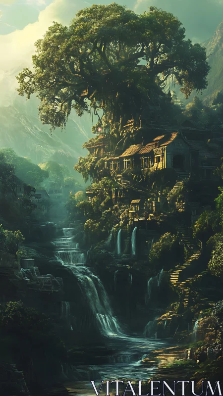 Ancient tree village crowns waterfall cliffs in misty valley