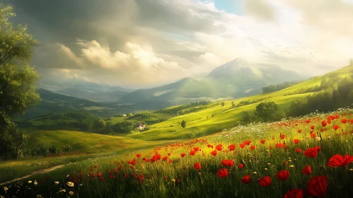 Sunlit valley landscape with red poppy meadow in bloom.