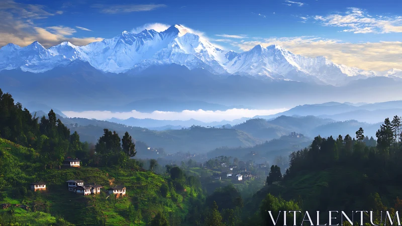 Mountain valley landscape with snow peaks and villages.