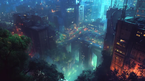 Neon canyon metropolis where jungle mist kisses highways.