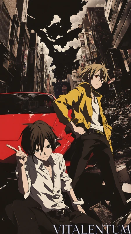 Urban anime duo beside red car in ruined city street.