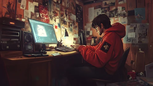 Cozy night gamer designing at a cluttered, creative desk.