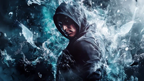 Hooded cyber-rogue in turbulent aquamarine energy vortex.