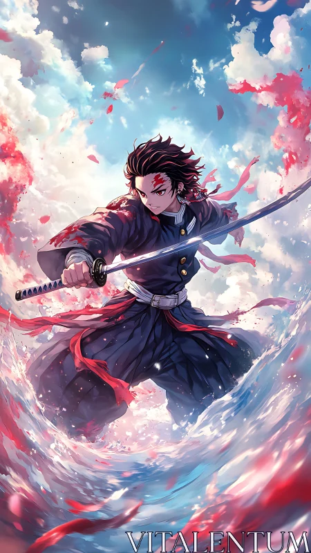 Dynamic anime swordsman amid swirling elemental wavefield.